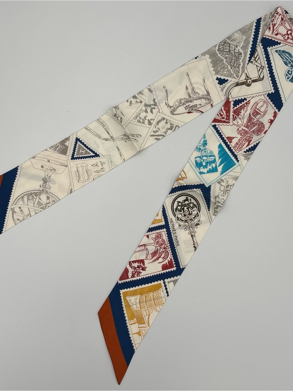 Hermes Le Philateliste du Faubourg Twilly Ivory Navy Rust Silk Scarf